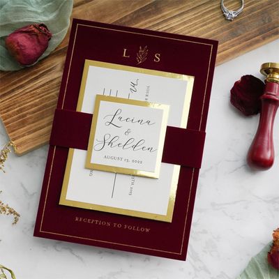 Good price Wedding Invitation Cards Burgundy Velvet Envelope Gold Foil Print Velvet Wedding Invitation Cards online